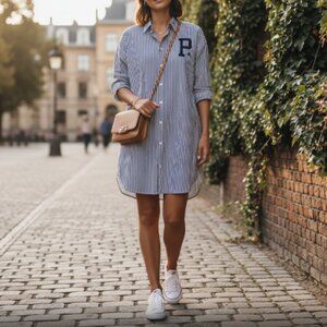 Polo Ralph Lauren Striped Midi Shirt Dress Women Size 14 Logo Academia Preppy
